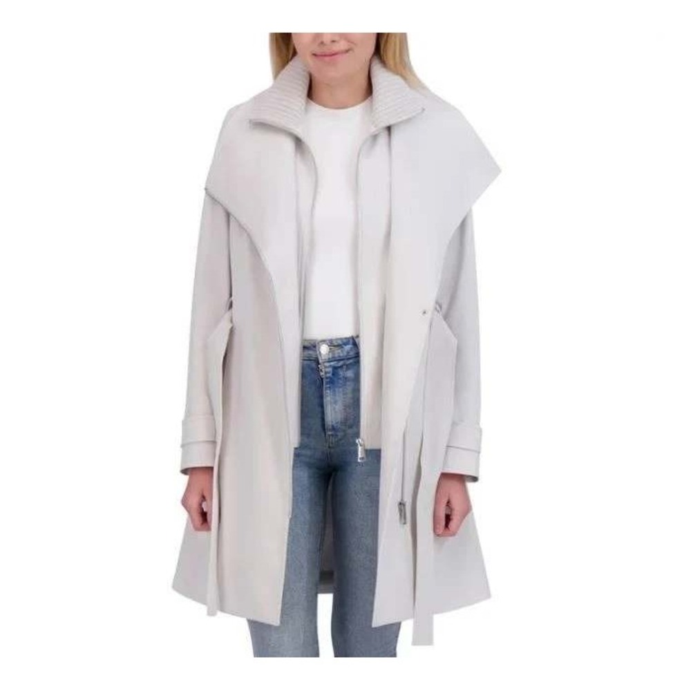 NWT Halston Women's XXL Gray Full Zip Trench Coat Polyester Belted